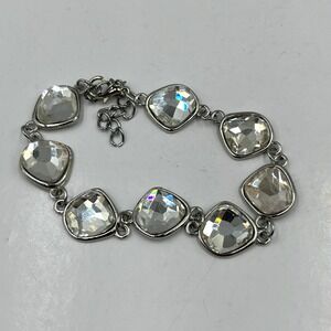 Vintage Silver Tone Large Chunky Crystal Link Bracelet Adjustable Lobster Clasp